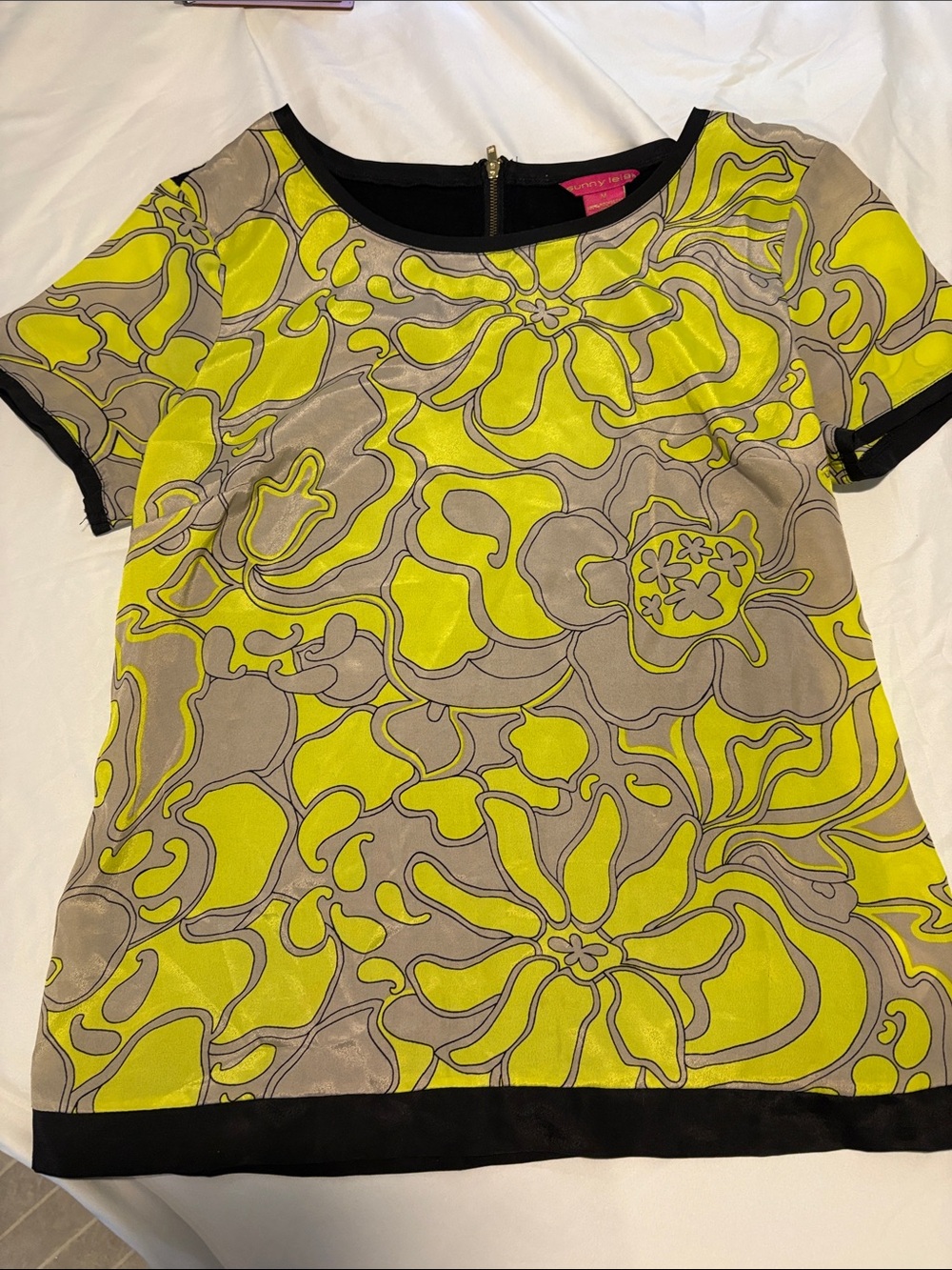 Betsey Johnson Neon Yellow & Taupe Floral Short Sleeve Top with Black Trim